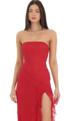 LUCY IN THE SKY Maxi Dresses^Strapless Lace Ruffle Slit Dress In Red