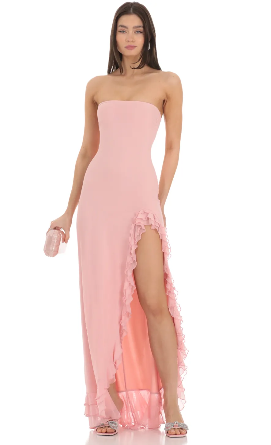 LUCY IN THE SKY Maxi Dresses^Strapless Mesh Ruffle Maxi Dress In Pink