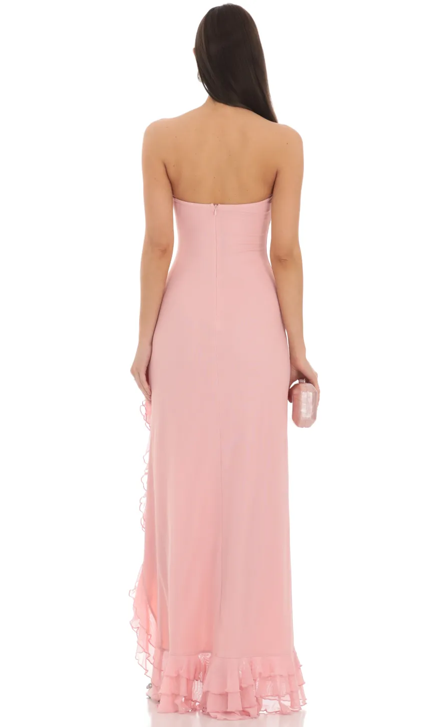 LUCY IN THE SKY Maxi Dresses^Strapless Mesh Ruffle Maxi Dress In Pink