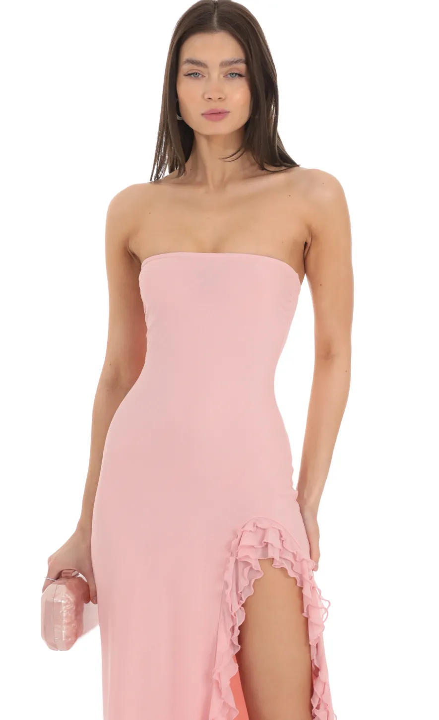 LUCY IN THE SKY Maxi Dresses^Strapless Mesh Ruffle Maxi Dress In Pink