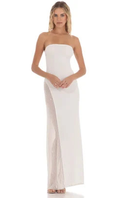 LUCY IN THE SKY Maxi Dresses^Strapless Mesh Sequin Slit In White
