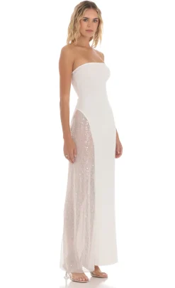 LUCY IN THE SKY Maxi Dresses^Strapless Mesh Sequin Slit In White