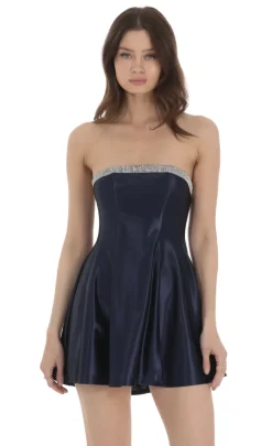LUCY IN THE SKY Mini Dresses^Strapless Rhinestone Satin Dress In Navy