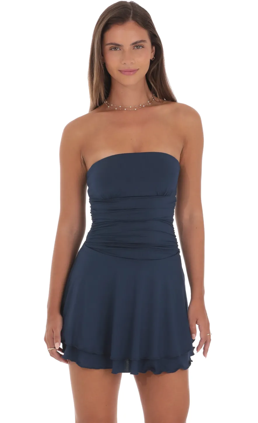 LUCY IN THE SKY Mini Dresses^Strapless Ruched A-line Dress In Navy