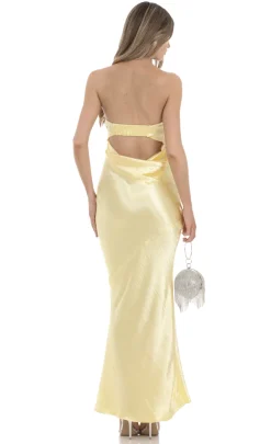 LUCY IN THE SKY Maxi Dresses^Strapless Satin Maxi Dress In Yellow