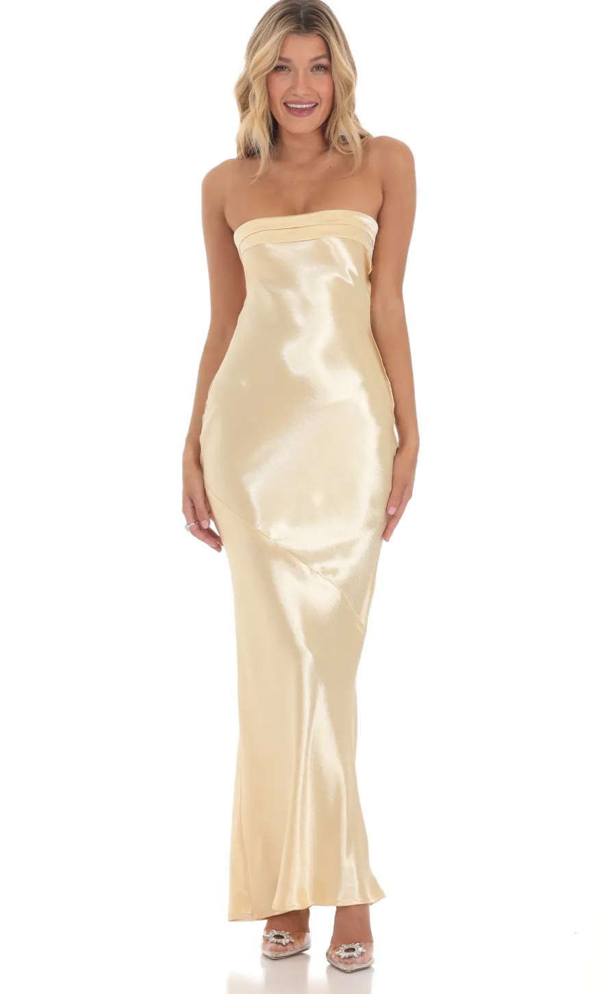 LUCY IN THE SKY Maxi Dresses^Strapless Satin Open Back Maxi Dress In Gold