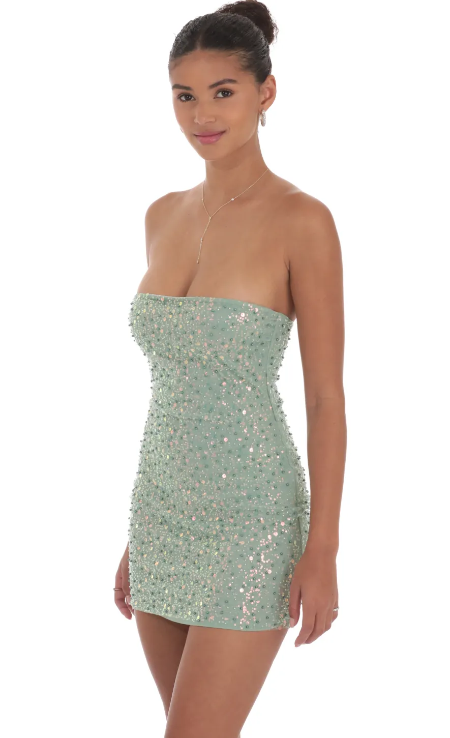 LUCY IN THE SKY Mini Dresses^Strapless Sequin Beaded Dress In Sage Green