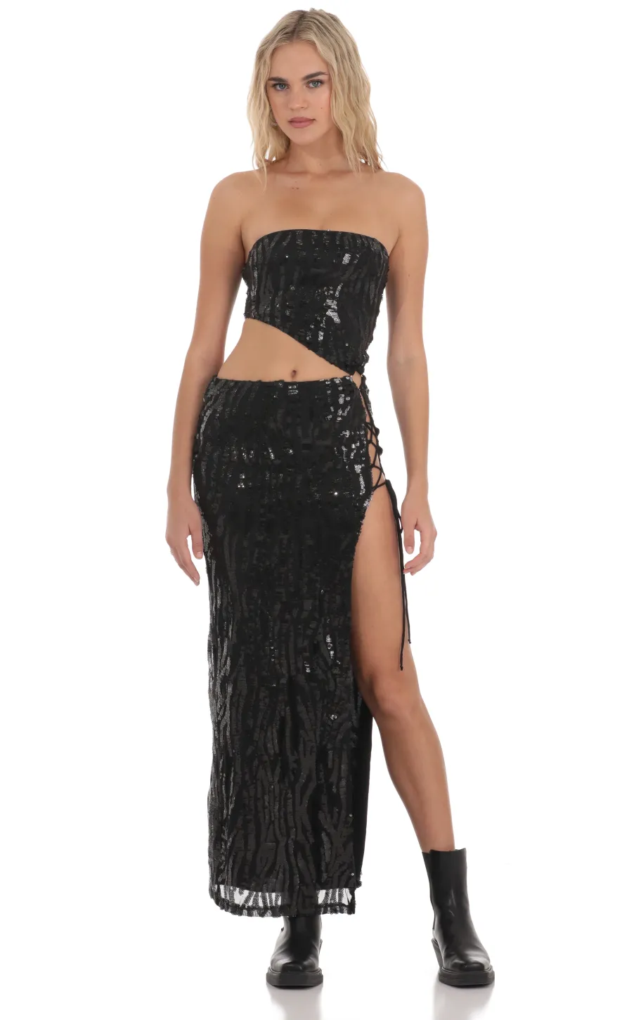 LUCY IN THE SKY Maxi Dresses^Strapless Sequin Cutout Maxi Dress In Black