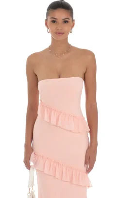 LUCY IN THE SKY Maxi Dresses^Strapless Spiral Ruffle Maxi Dress In Peach