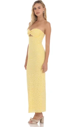 LUCY IN THE SKY Maxi Dresses^Strapless Textured Floral Twist Maxi Dress In Yellow