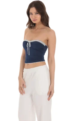 LUCY IN THE SKY Tops^Strapless White Lace Top In Navy
