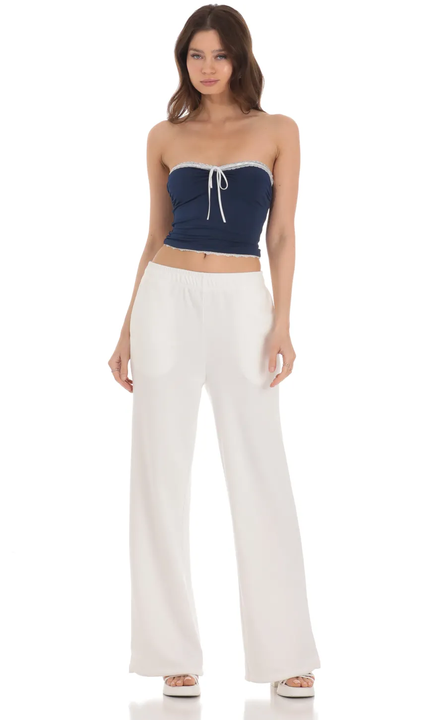 LUCY IN THE SKY Tops^Strapless White Lace Top In Navy