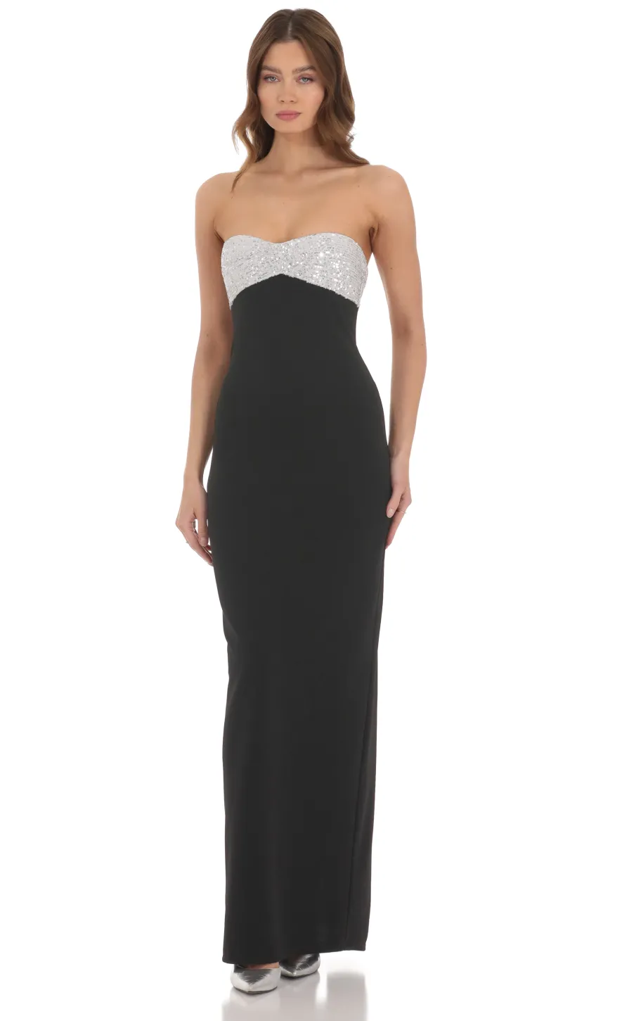 LUCY IN THE SKY Maxi Dresses^Strapless White Sequin Maxi Dress In Black