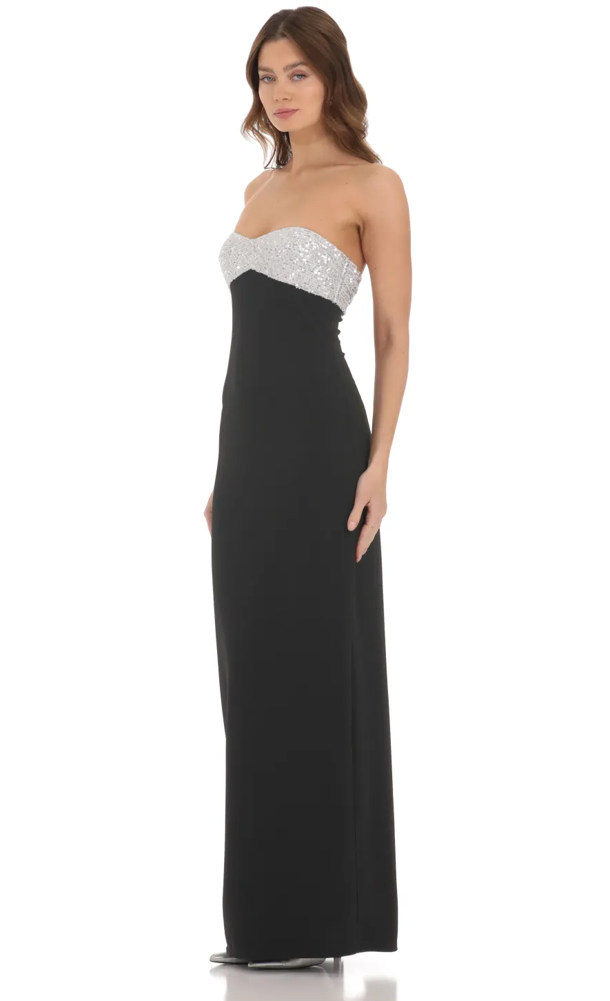 LUCY IN THE SKY Maxi Dresses^Strapless White Sequin Maxi Dress In Black