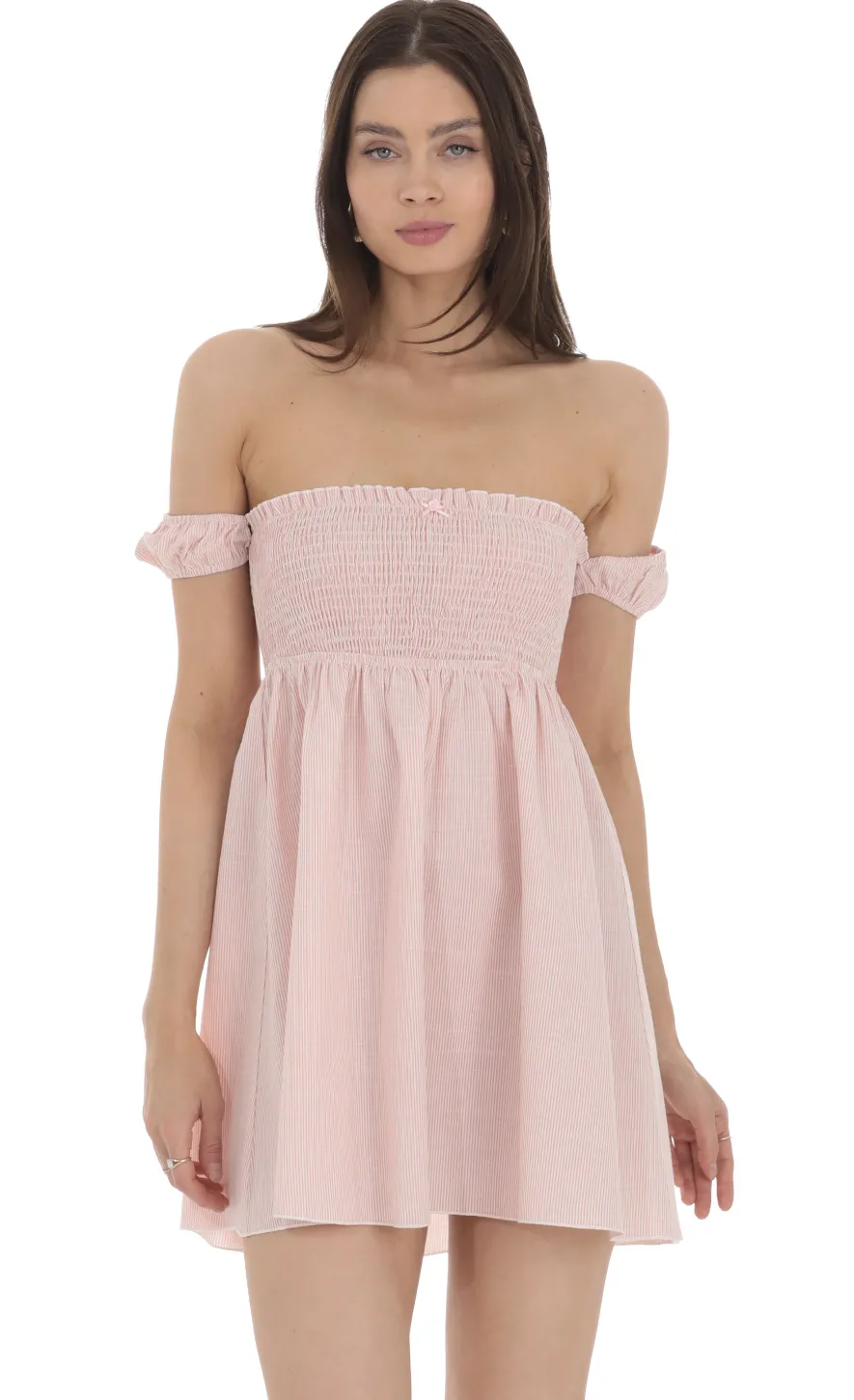 LUCY IN THE SKY Mini Dresses^Striped Smocked Off Shoulder Dress In Pink