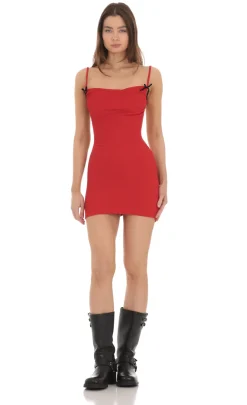LUCY IN THE SKY Mini Dresses^Textured Velvet Bow Dress In Red
