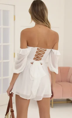 LUCY IN THE SKY Rompers^Tracie Chelsea Chiffon Off The Shoulder Romper In White