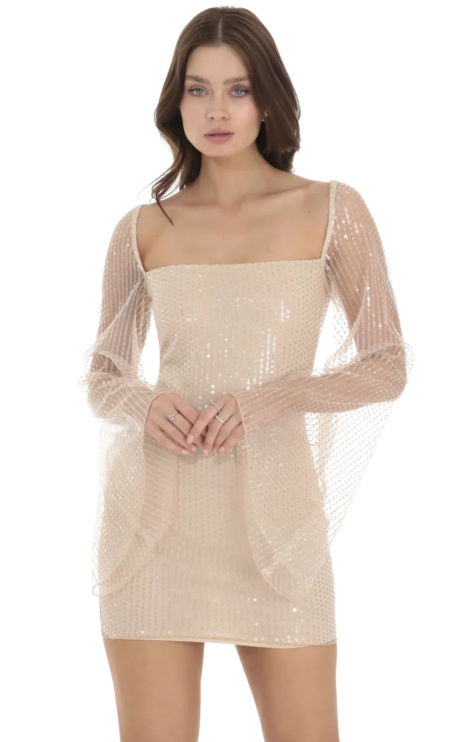LUCY IN THE SKY Mini Dresses^Tulle Sequin Flare Sleeve Dress In Champagne
