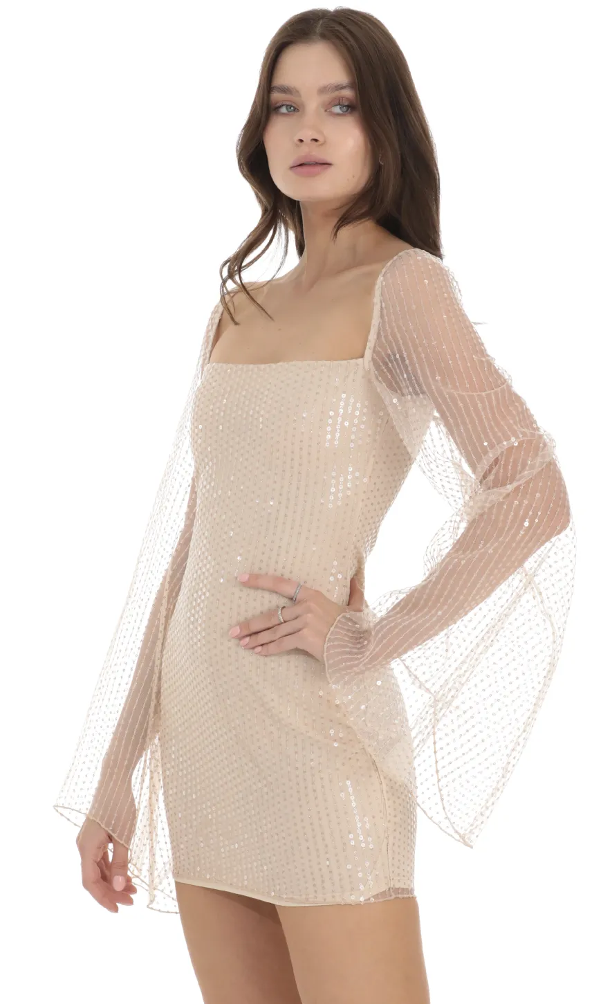 LUCY IN THE SKY Mini Dresses^Tulle Sequin Flare Sleeve Dress In Champagne