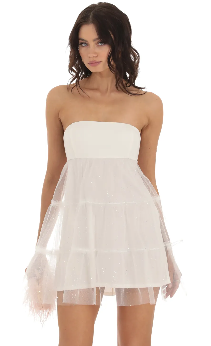 LUCY IN THE SKY Mini Dresses^Tulle Shimmer Babydoll Dress In White
