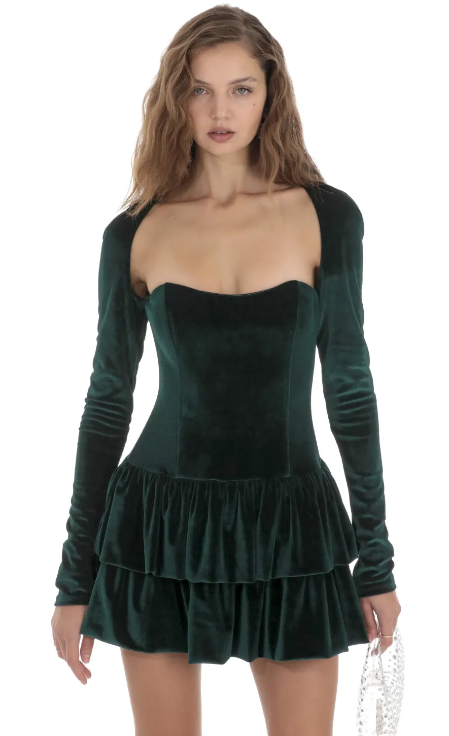 LUCY IN THE SKY Mini Dresses^Velvet Corset Long Sleeve Dress In Green