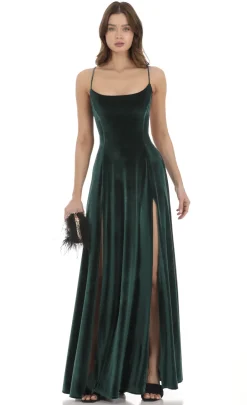 LUCY IN THE SKY Maxi Dresses^Velvet Double Slit Maxi Dress In Green