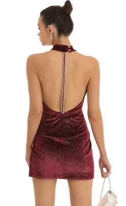LUCY IN THE SKY Mini Dresses^Velvet Glitter Mock Neck Halter Dress In Red