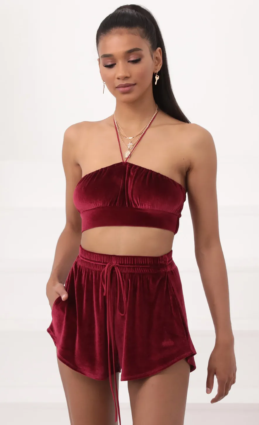 LUCY IN THE SKY Two-Piece Sets|Shorts^Velvet Halter Two Piece Set In Burgundy