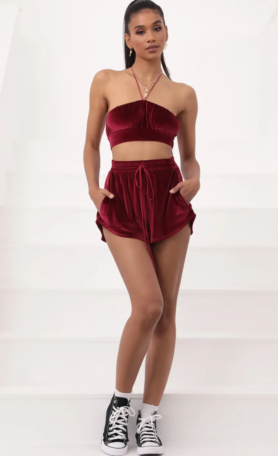 LUCY IN THE SKY Two-Piece Sets|Shorts^Velvet Halter Two Piece Set In Burgundy