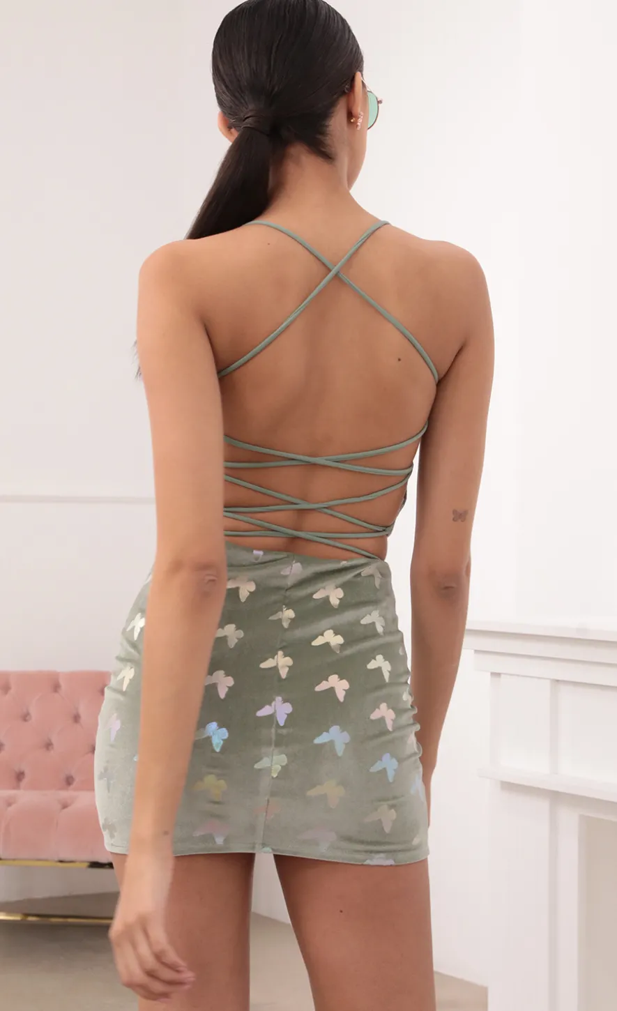 LUCY IN THE SKY Two-Piece Sets^Velvet Lace-Up Set In Sage Butterflies