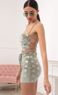 LUCY IN THE SKY Two-Piece Sets^Velvet Lace-Up Set In Sage Butterflies