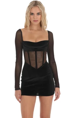 LUCY IN THE SKY Mini Dresses^Velvet Mesh Corset Dress In Black