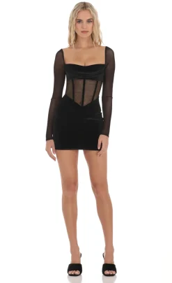 LUCY IN THE SKY Mini Dresses^Velvet Mesh Corset Dress In Black