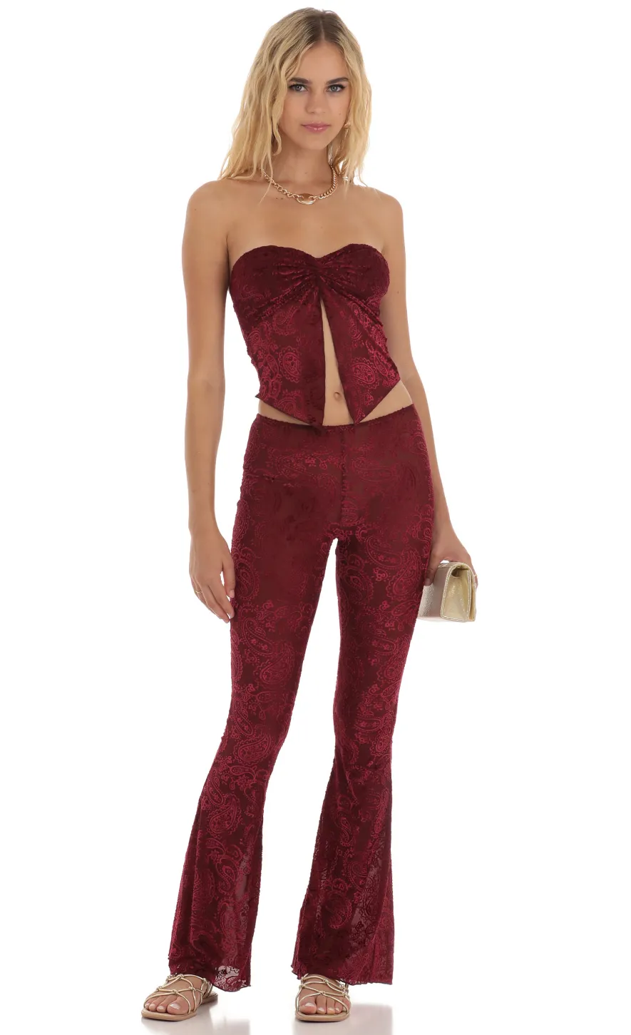 LUCY IN THE SKY Two-Piece Sets|Pants^Velvet Mesh Two Piece Set In Maroon