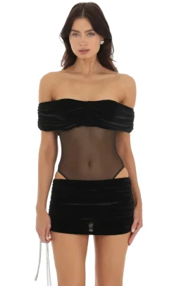 LUCY IN THE SKY Two-Piece Sets|Bodysuits^Velvet Off Shoulder Two Piece Set In Black