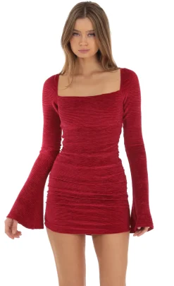 LUCY IN THE SKY Mini Dresses^Velvet Pleated Bell Sleeve Dress In Red