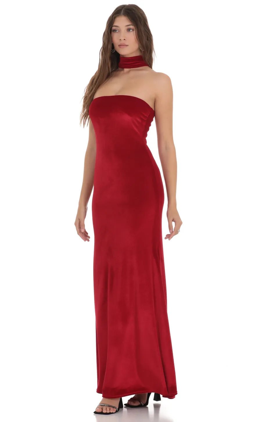 LUCY IN THE SKY Maxi Dresses^Velvet Reverse Halter Maxi Dress In Red