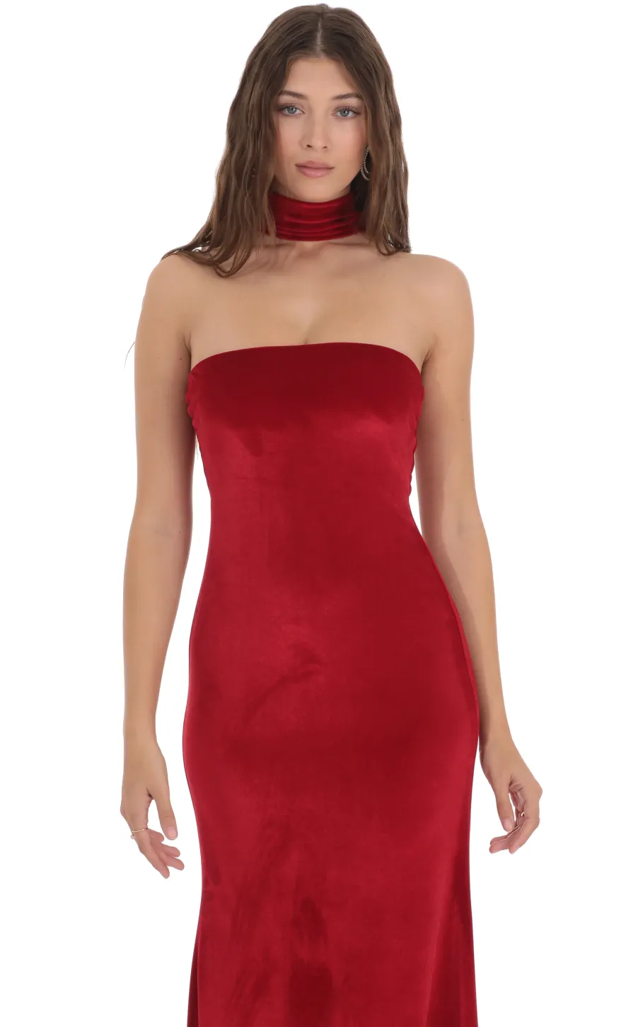 LUCY IN THE SKY Maxi Dresses^Velvet Reverse Halter Maxi Dress In Red