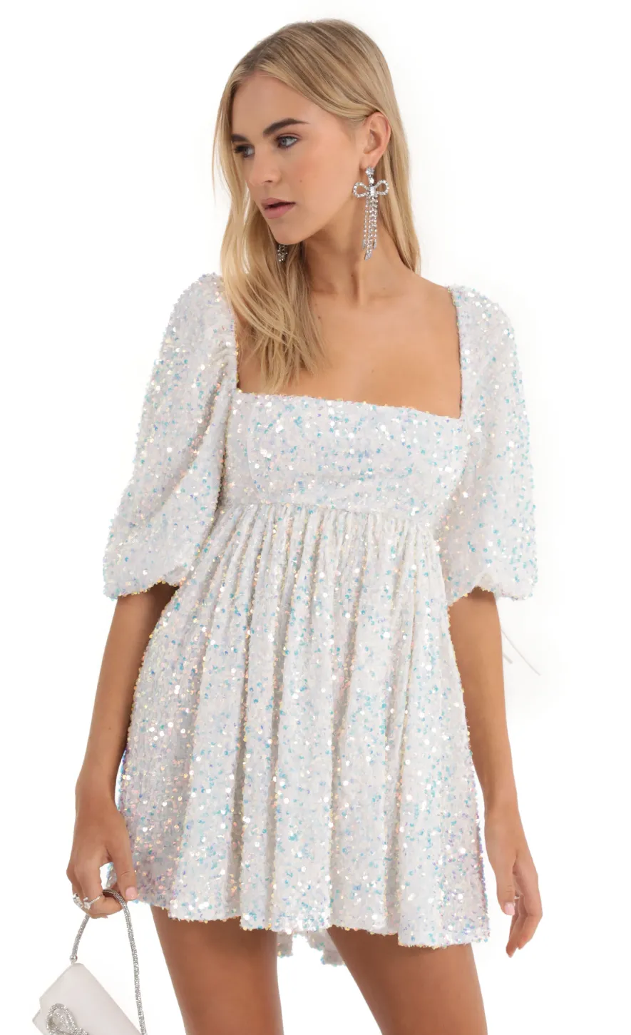 LUCY IN THE SKY Mini Dresses^Velvet Sequin Baby Doll Dress In White