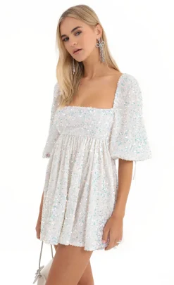 LUCY IN THE SKY Mini Dresses^Velvet Sequin Baby Doll Dress In White