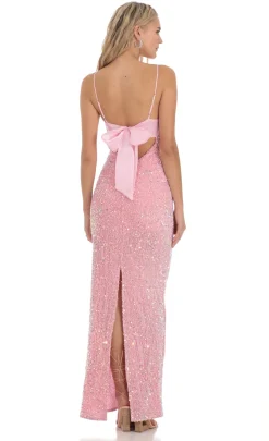 LUCY IN THE SKY Maxi Dresses^Velvet Sequin Back Bow Maxi Dress In Pink