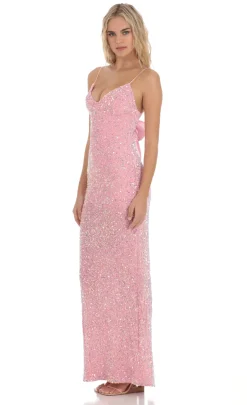 LUCY IN THE SKY Maxi Dresses^Velvet Sequin Back Bow Maxi Dress In Pink