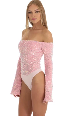 LUCY IN THE SKY Bodysuits^Velvet Sequin Bodysuit In Pink