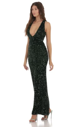 LUCY IN THE SKY Maxi Dresses^Velvet Sequin Plunge Neck Dress In Green