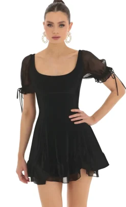 LUCY IN THE SKY Mini Dresses^Velvet Short Sleeve Fit And Flare Dress In Black