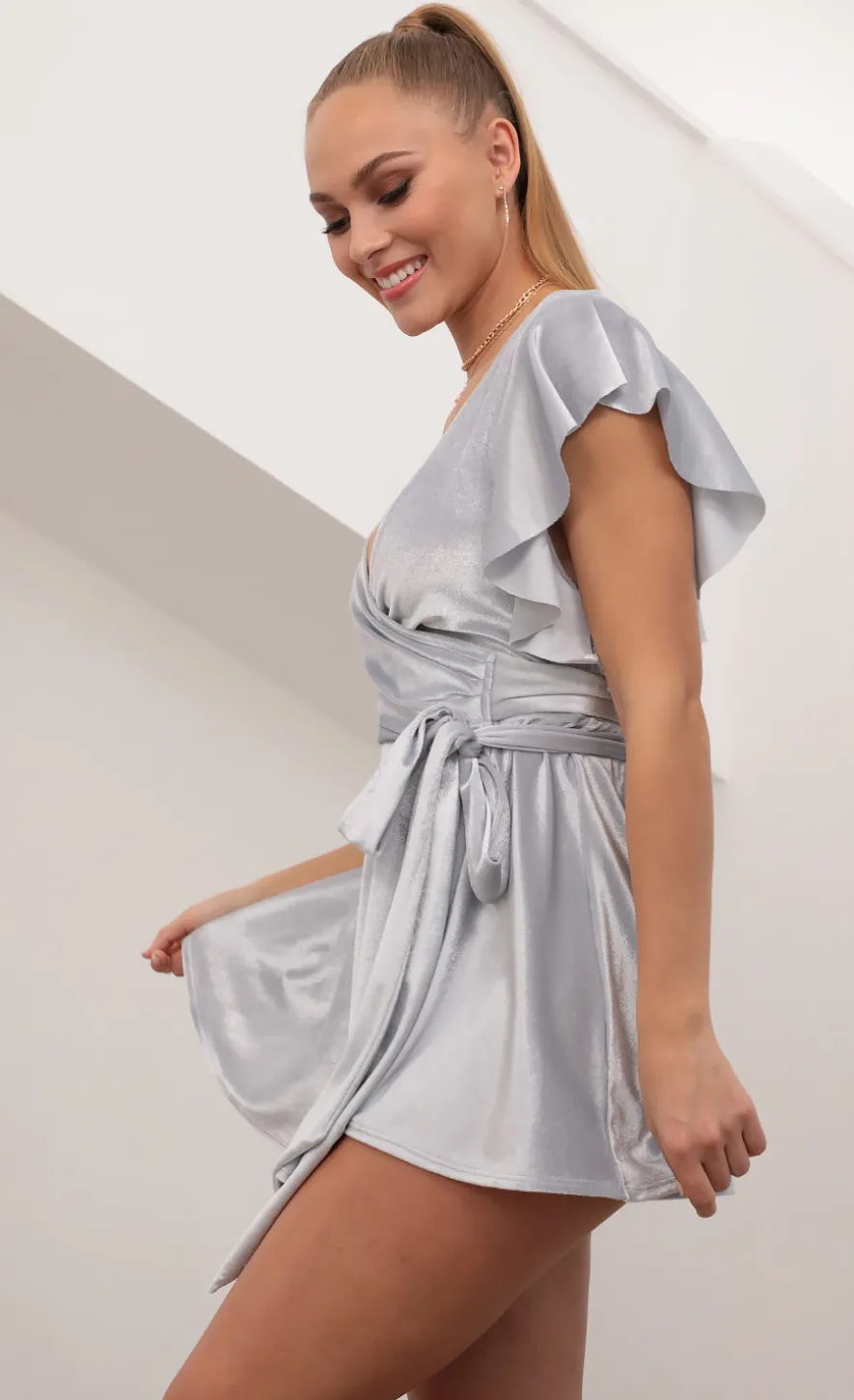 LUCY IN THE SKY Mini Dresses^Velvet Wrap Dress In Silver
