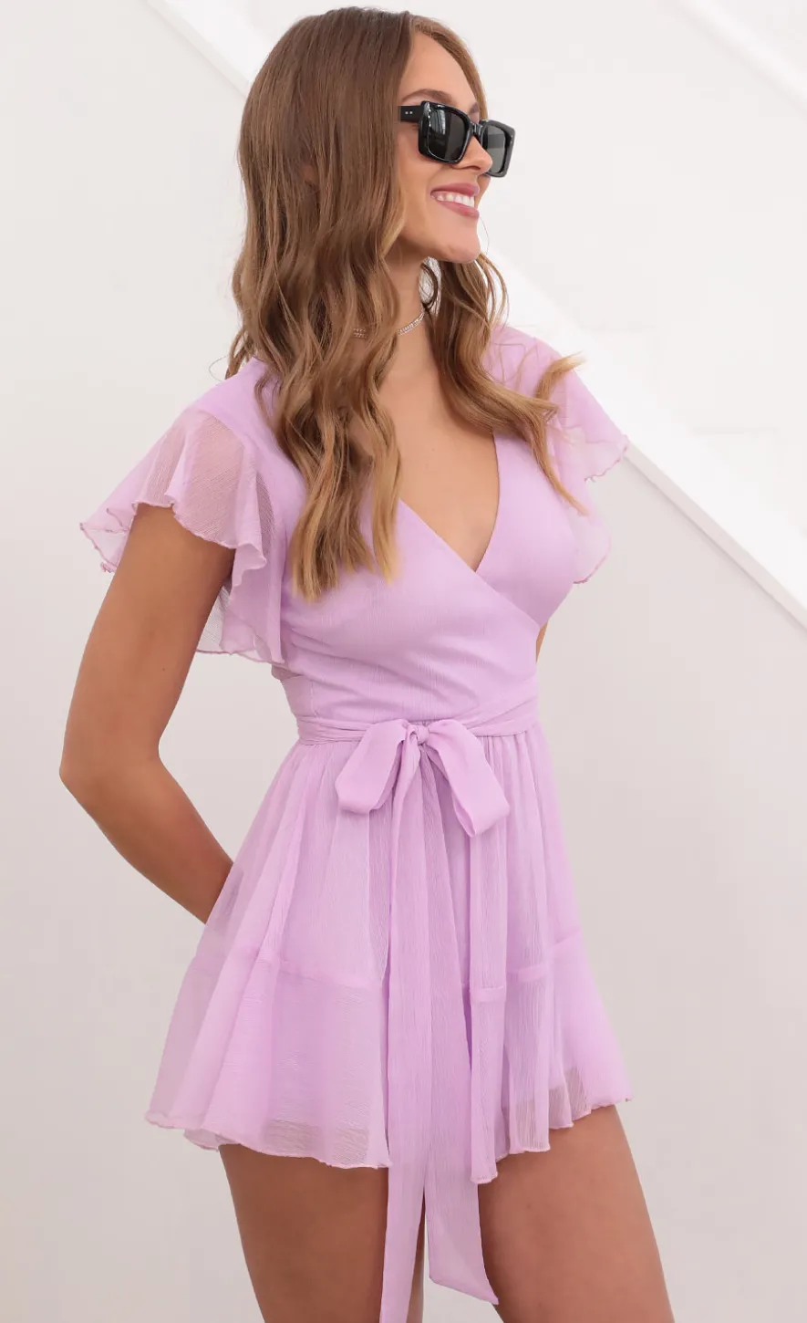 LUCY IN THE SKY Rompers^Wrap Romper In Lavender Crinkle Chiffon
