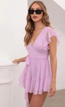 LUCY IN THE SKY Rompers^Wrap Romper In Lavender Crinkle Chiffon