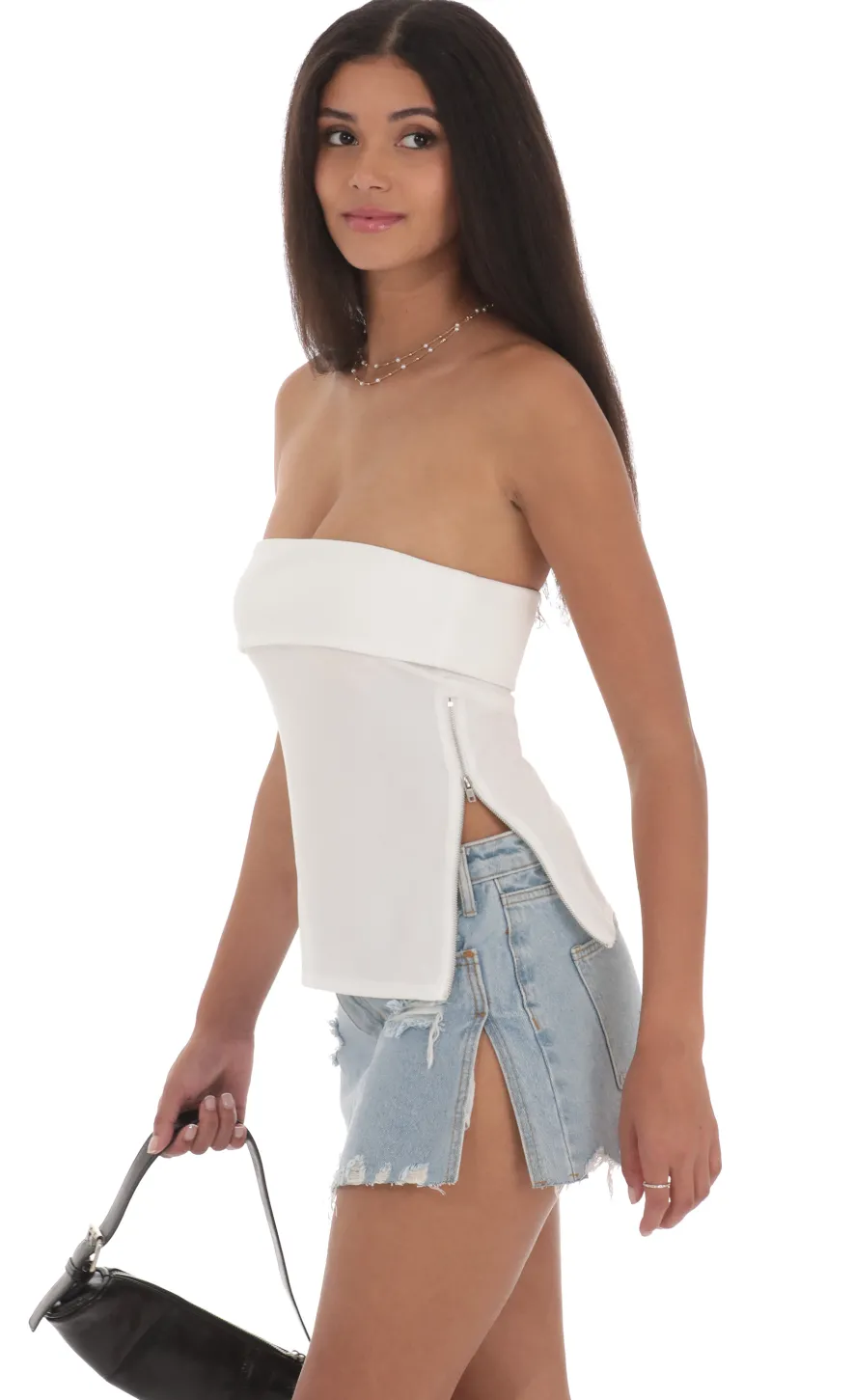 LUCY IN THE SKY Tops^Zipper Slit Top In White